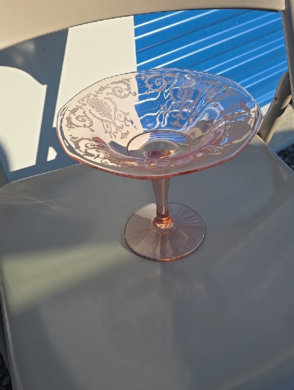 Pink Etched Glass Compote Dish
